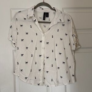 White Button-Up Shirt with cat Print